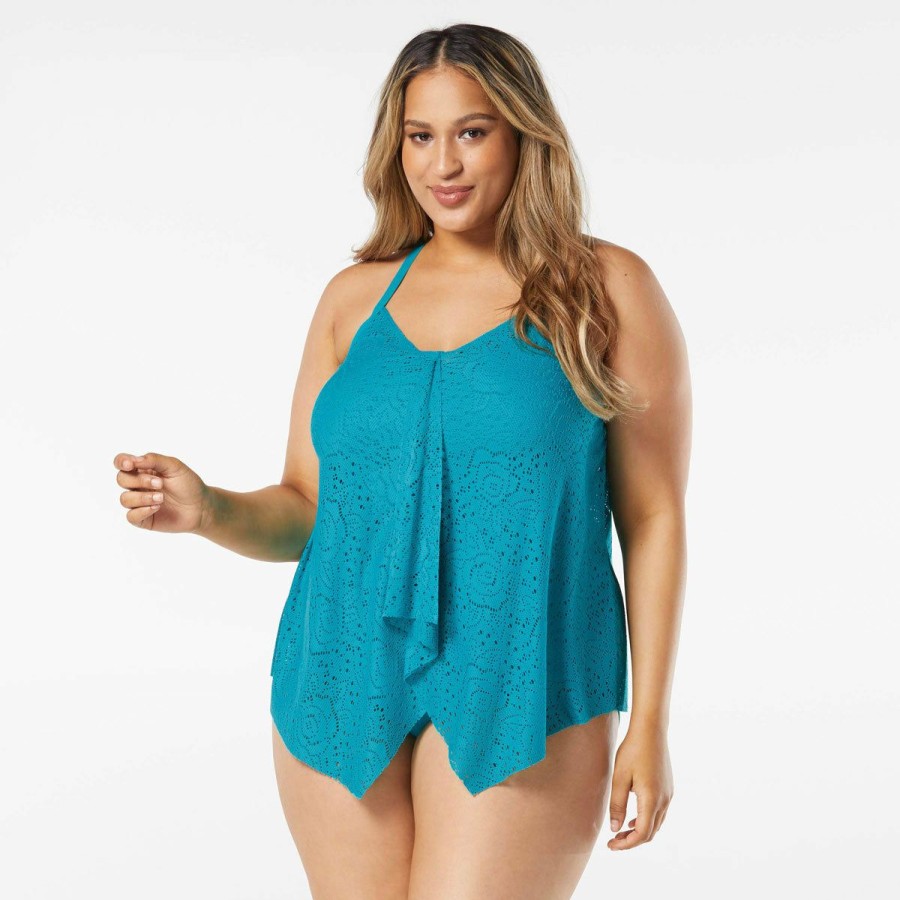 Women * | Low Price Beach House: Plus Crochet Soleil Karry Crochet Layer Tankini Top Lagoon