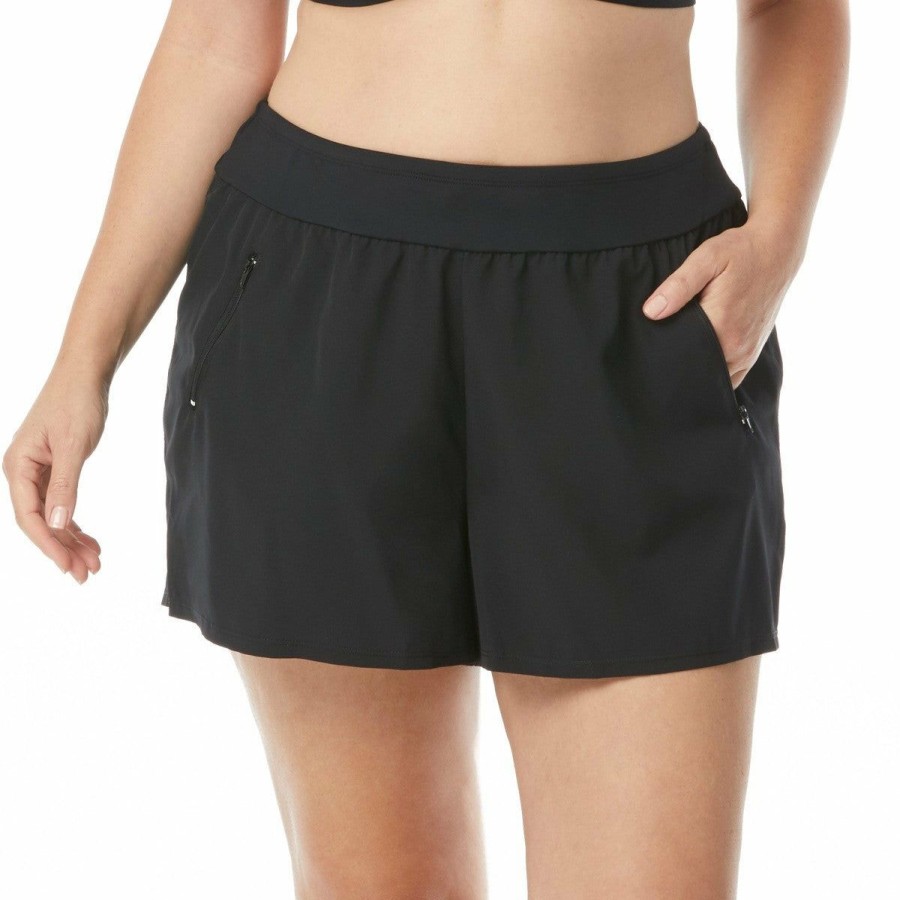 Women * | Low Price Beach House: Plus Paloma Beach Solids April Stretch Woven Beach Short Black