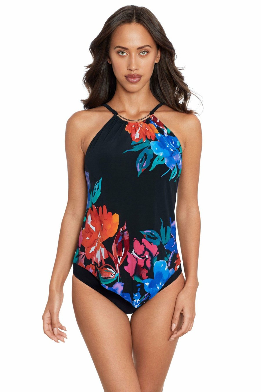 Women * | Sale Online Magicsuit: Flower Child Angelika Tankini Top Black Multi