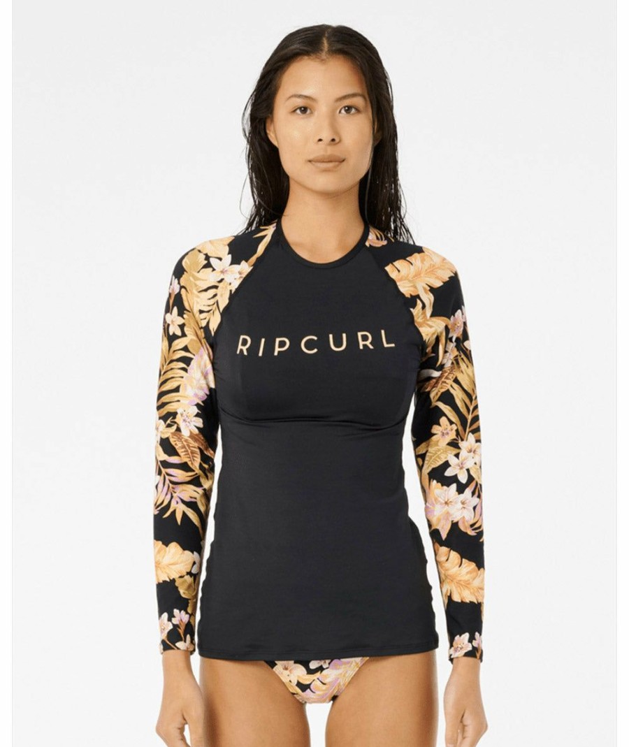 Women * | Sale Online Rip Curl: Sunday Swell Long Sleeve Rashguard Black