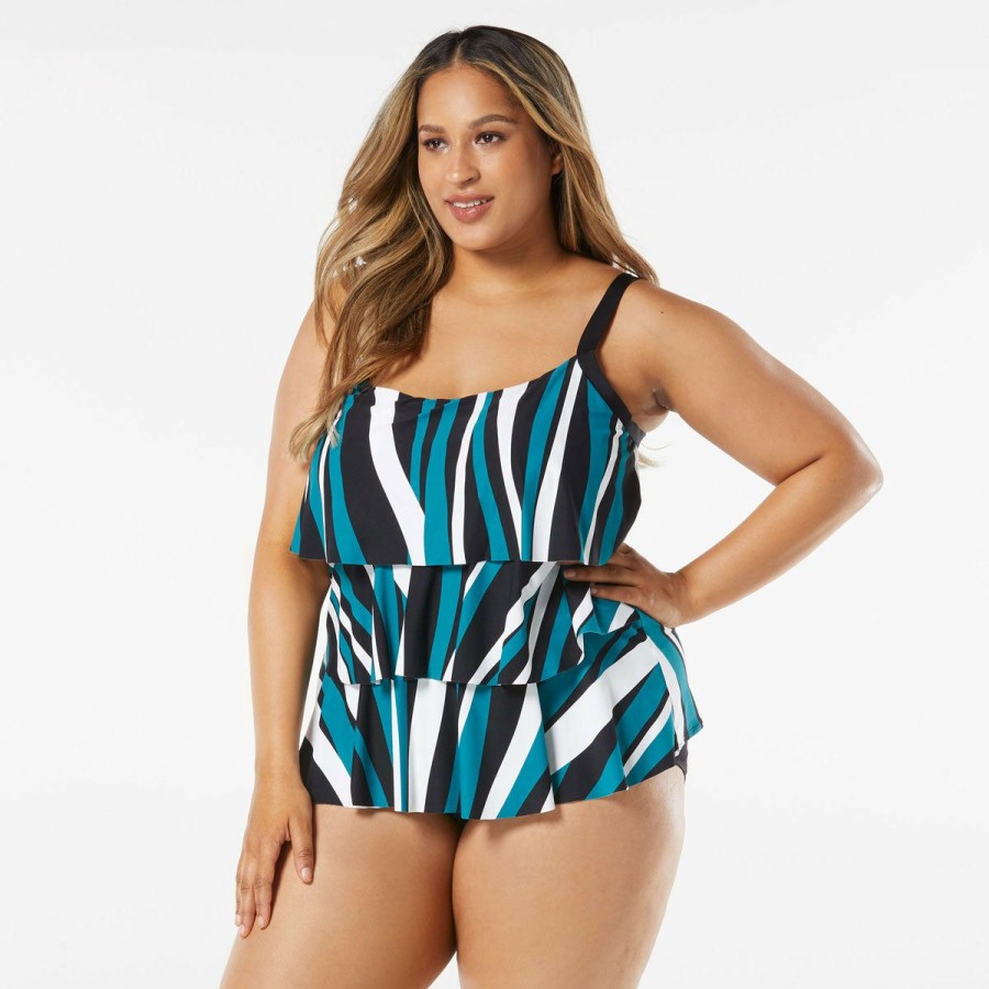 Women * | Original Beach House: Plus Wave Pool Stripe Jane Ruffle Tiered Tankini Top Black