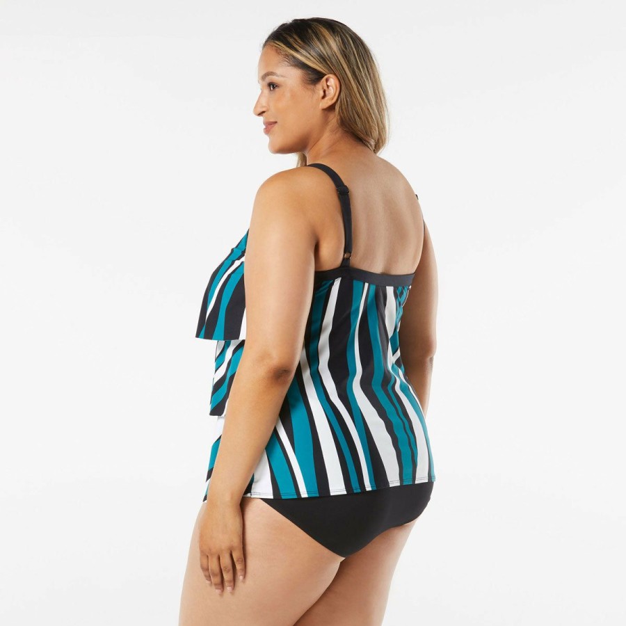 Women * | Original Beach House: Plus Wave Pool Stripe Jane Ruffle Tiered Tankini Top Black