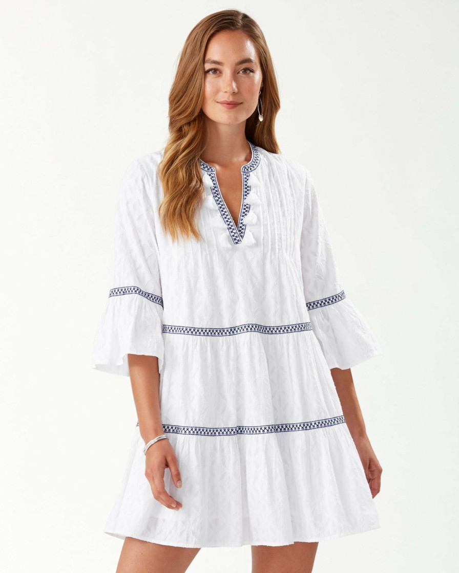 Clothing * | Low Price Tommy Bahama: Solid Embroidered Tiered Dress White