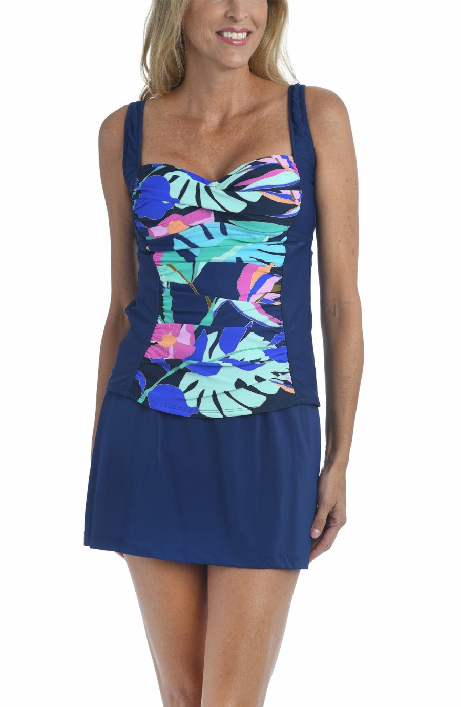 Women * | Best Sale Maxine: Jungle Oasis Ots Shirredtankini Top Navy