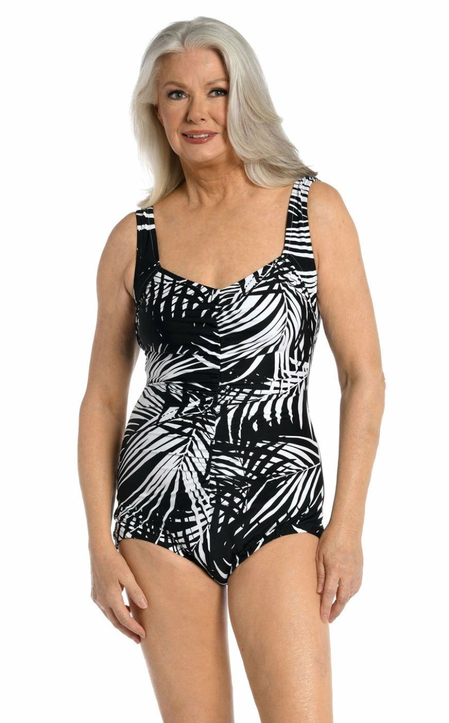 Women * | Exclusive Design Maxine: One Piece Shadow Palms Girl Leg Swimsuit Black