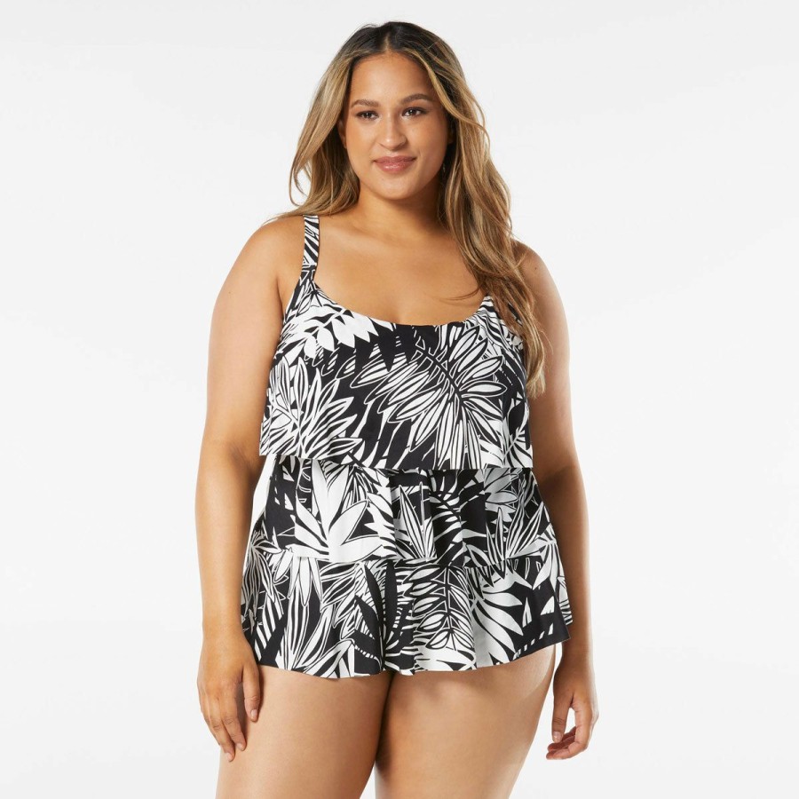 Women * | Original Beach House: Plus Abstract Palm Jane Ruffle Tiered Tankini Top Black