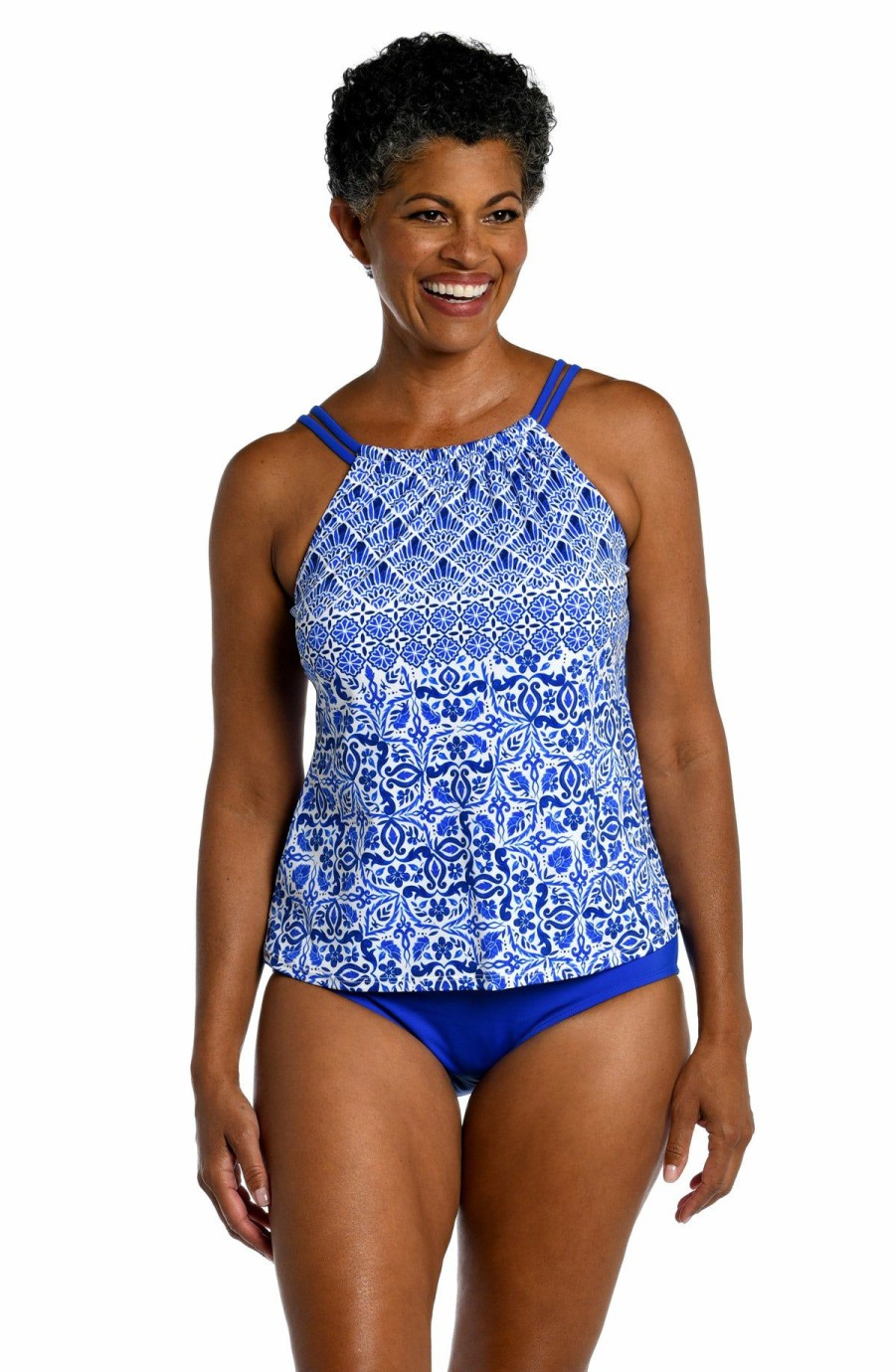 Women * | Opening Sales Maxine: Grecian Tile High Neck Tankini Top Cobalt