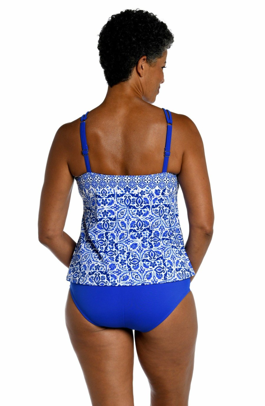 Women * | Opening Sales Maxine: Grecian Tile High Neck Tankini Top Cobalt