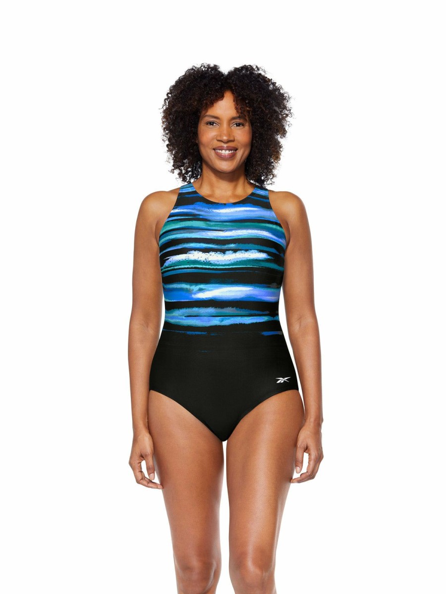 Women * | Low Price Reebok: One Piece Ocean Breeze High Neck Swimsuit Black Multi