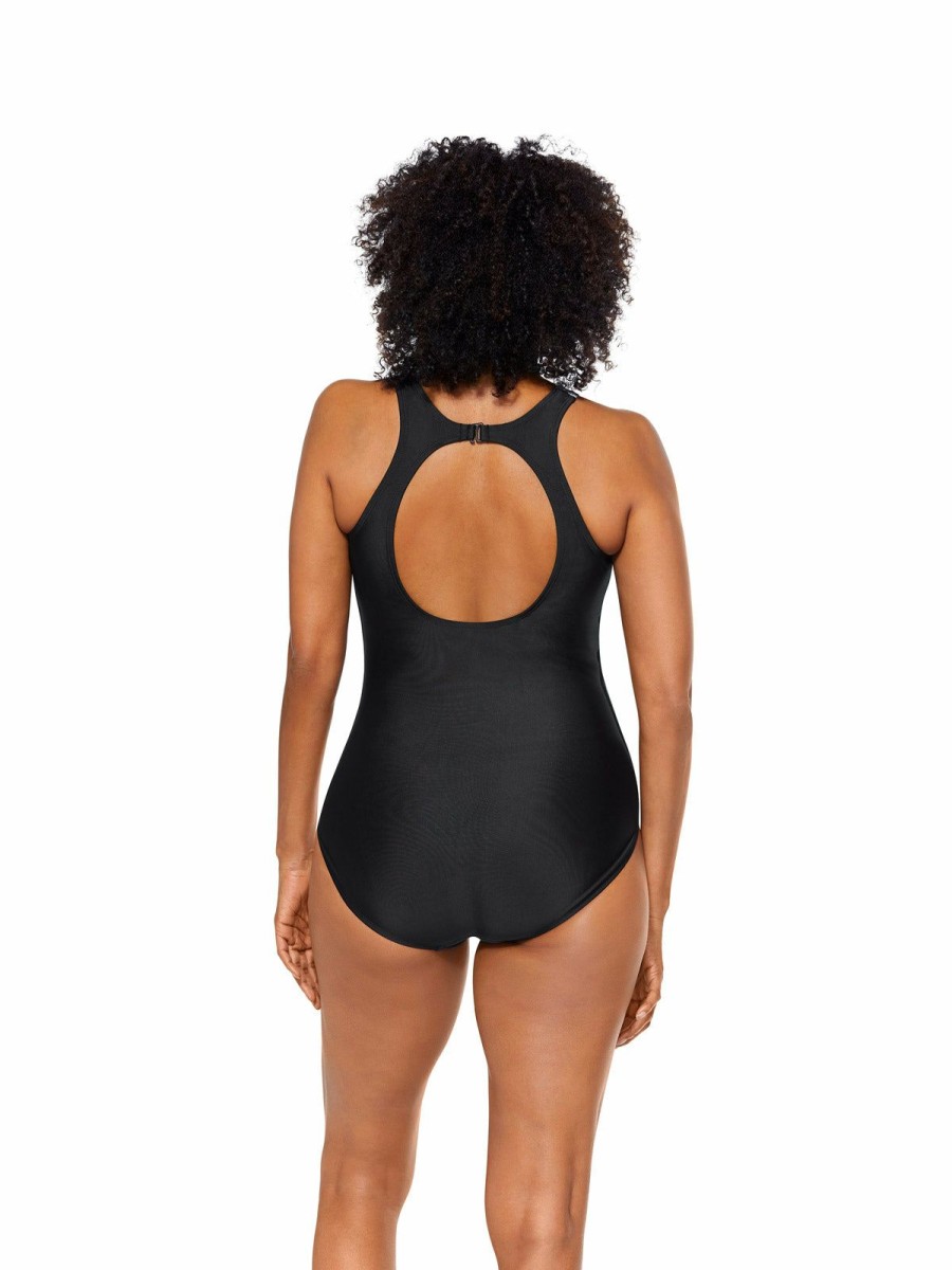 Women * | Low Price Reebok: One Piece Ocean Breeze High Neck Swimsuit Black Multi