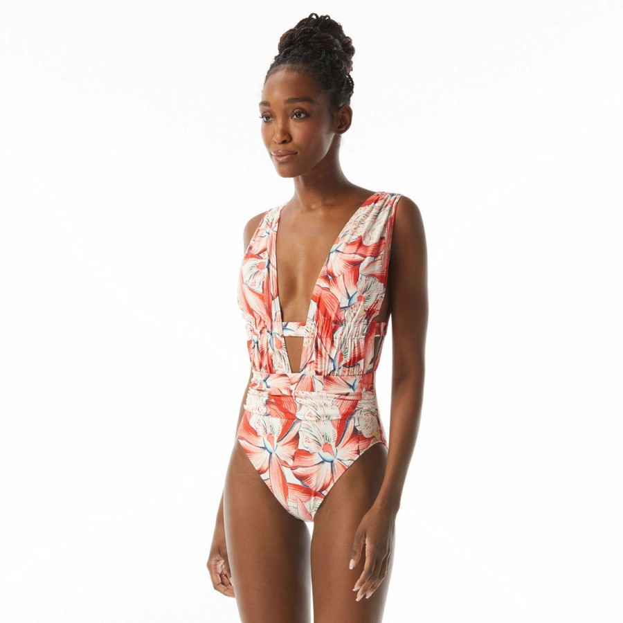 Women * | Exclusive Design Carmen Marc Valvo One Piece Tiger Lilly Deep Plunge Ruched Swimsuit Campari