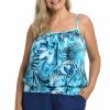 Women * | Exclusive Design Maxine: Plus Indigo Palms Blouson Tankini Top Blue