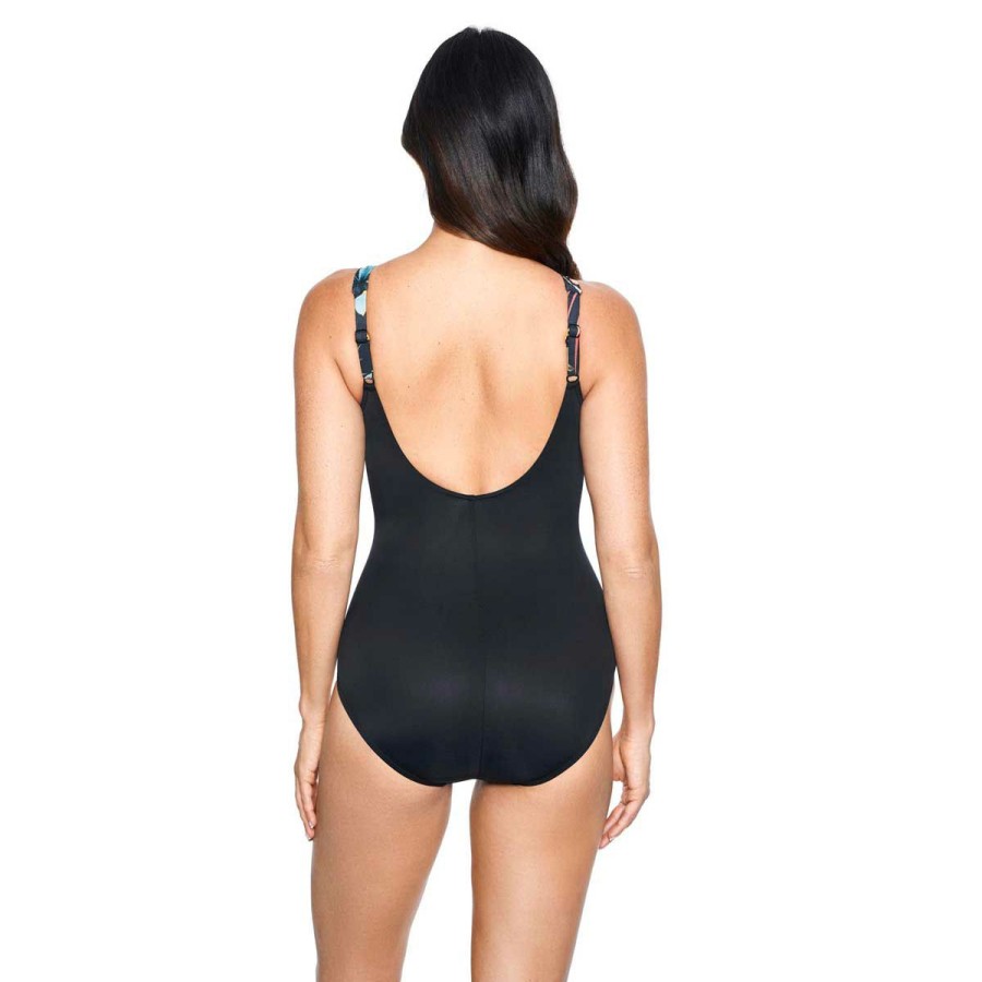 Women * | Exclusive Design Miraclesuit: One Piece Plumeria Oceanus V-Neck Black Multi