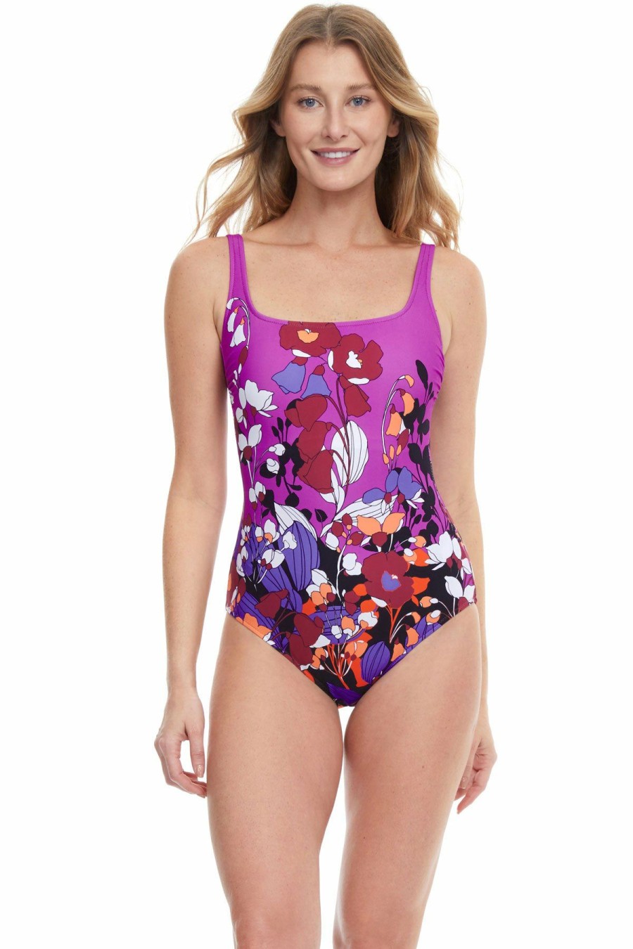 Women * | Official Gottex: One Piece Floral Art Square Neck Swimsiut Mlt Plum