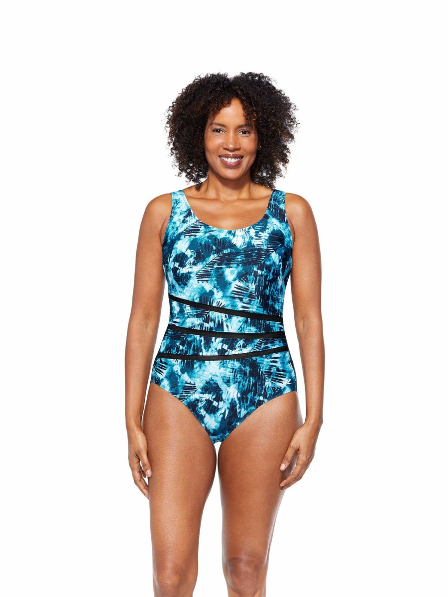 Women * | Store Reebok: One Piece Maui Breeze Halo Scoopneck Swimsuit Black Multi