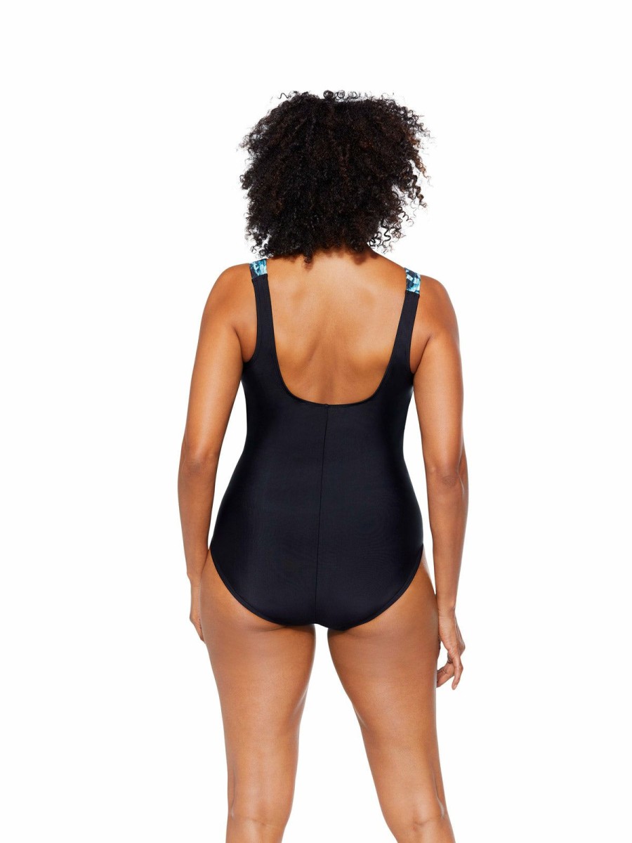 Women * | Store Reebok: One Piece Maui Breeze Halo Scoopneck Swimsuit Black Multi