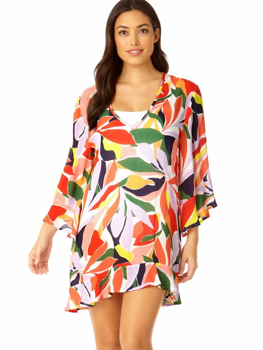 Women * | Opening Sales Anne Cole: Palm Party Flounce V-Neck Tunic Cover Up Multi