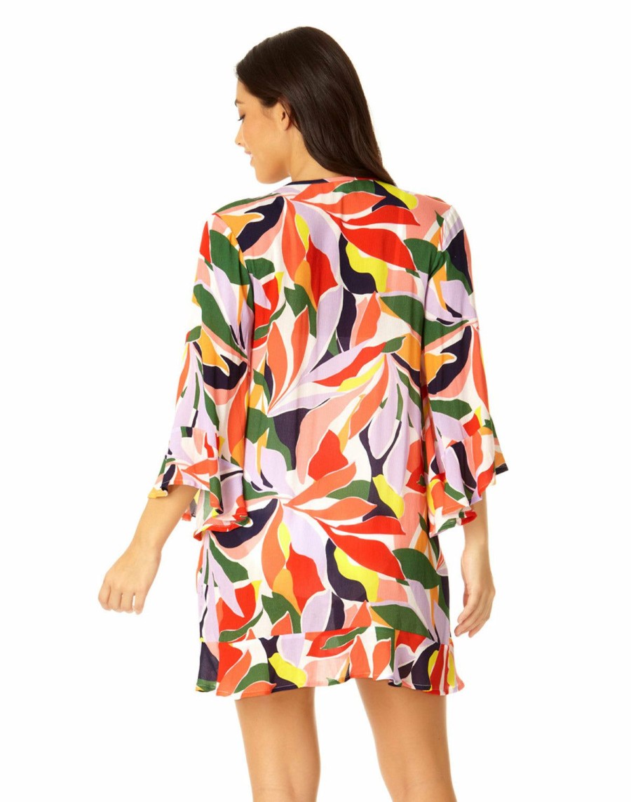 Women * | Opening Sales Anne Cole: Palm Party Flounce V-Neck Tunic Cover Up Multi