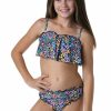 Kids * | Exclusive Design Hobie Girls: Dainty Ditsy Flounce Bra Bikini Set Black