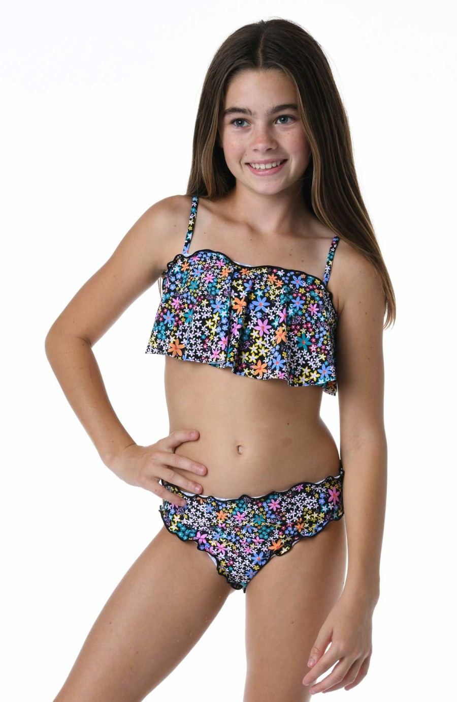 Kids * | Exclusive Design Hobie Girls: Dainty Ditsy Flounce Bra Bikini Set Black