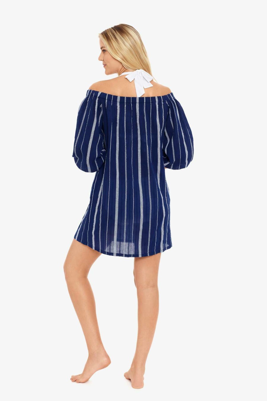 Clothing * | Attractive Lauren: Slib Stripe Off Shoulder Dress Blue