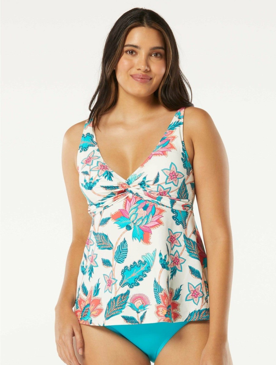 Women * | Online Store Beach House: Vineyard Floral Willow Twist Front Tankini Top White