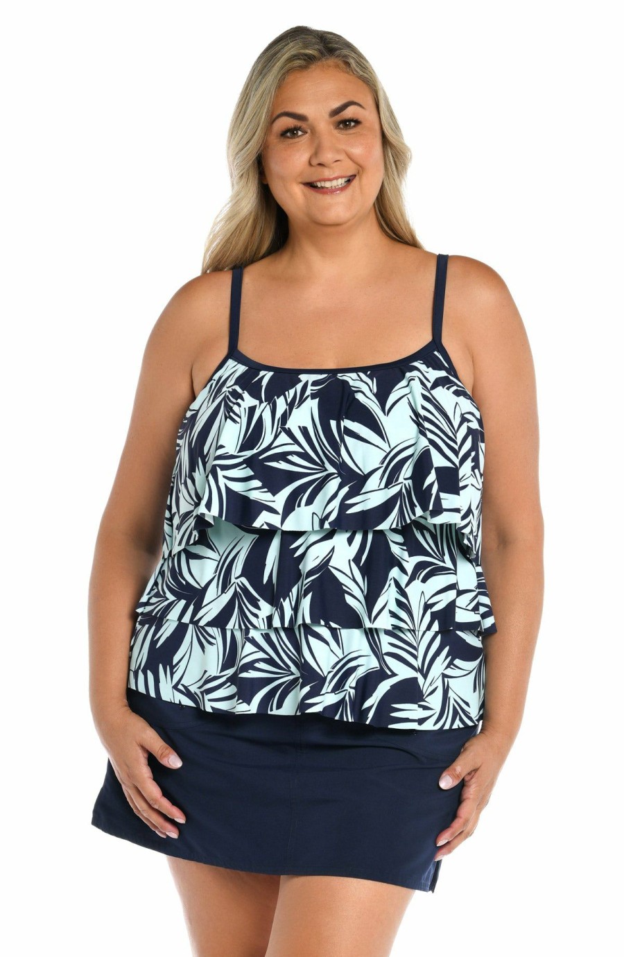 Women * | Low Price Maxine: Plus Coastal Palm Tpl Tier Tankini Indigo Blue