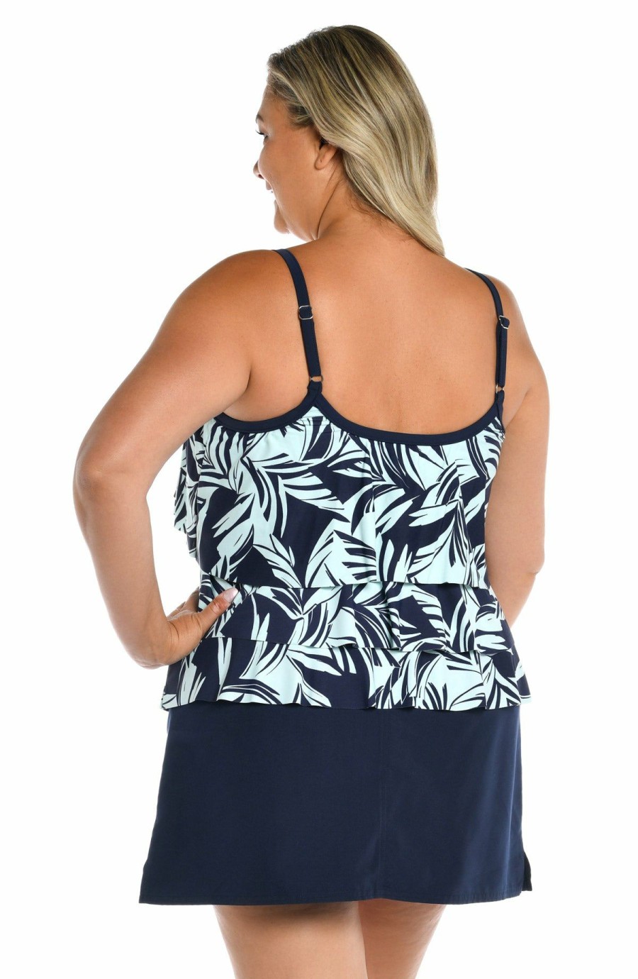 Women * | Low Price Maxine: Plus Coastal Palm Tpl Tier Tankini Indigo Blue