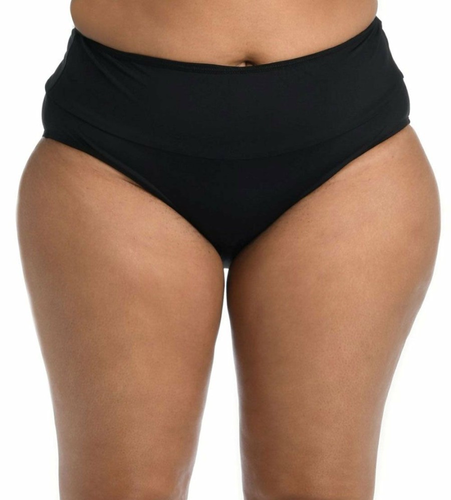 Women * | Store 24Th & Ocean: Plus Solid Mid Waist Spliced Bikini Bottom Black