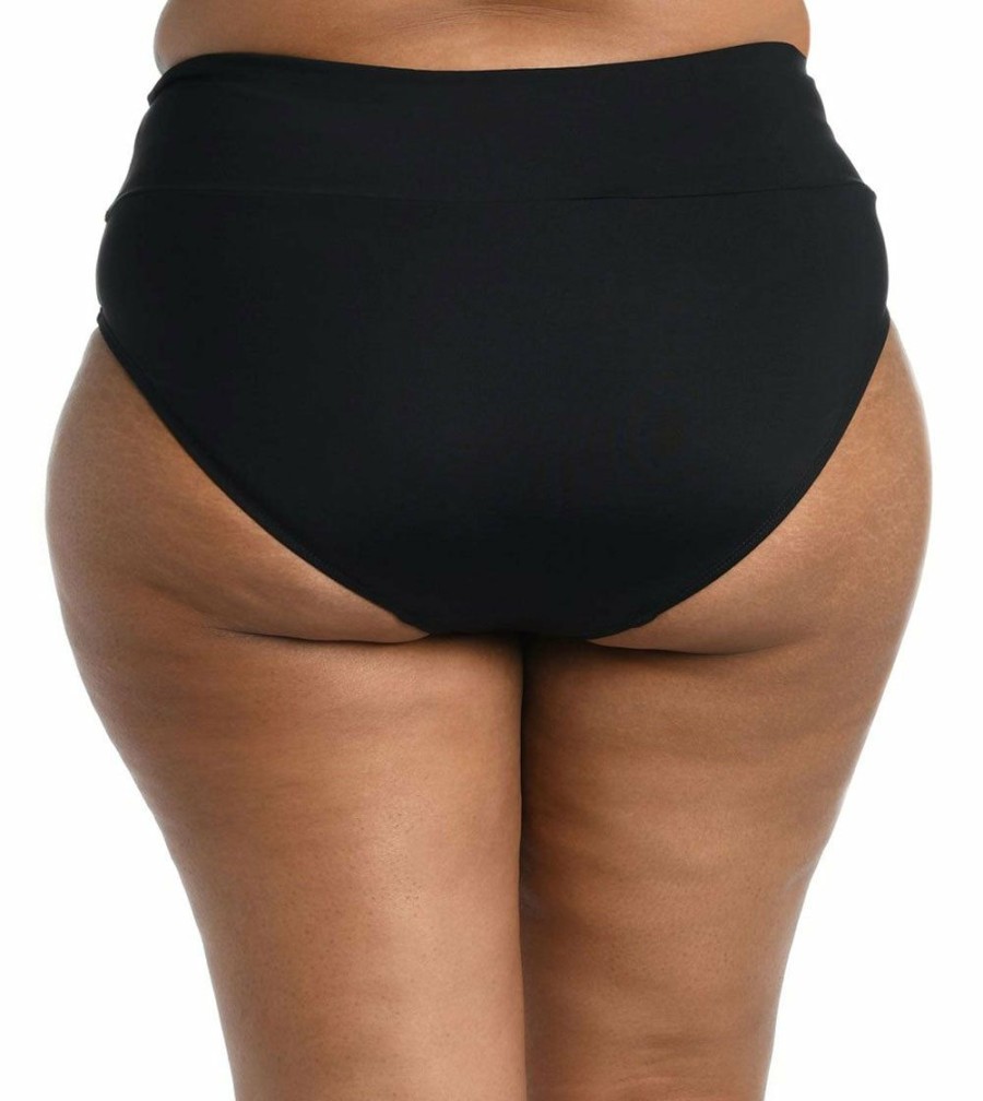 Women * | Store 24Th & Ocean: Plus Solid Mid Waist Spliced Bikini Bottom Black