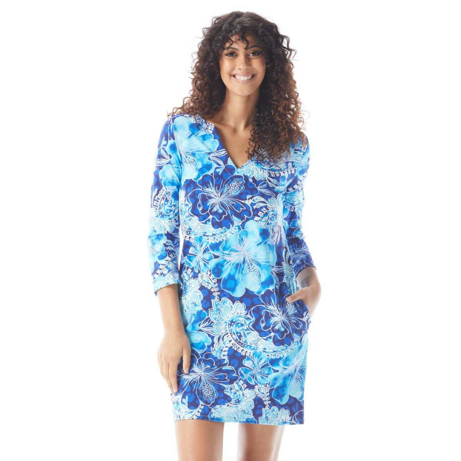 Clothing * | Sale Online Beach House Style: Sanibel Floral Split Neck Tunic Dress Indigo Blue