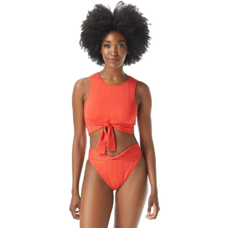 Women * | Sale Online Vince Camuto: Ripple Effect Tie Front Cropped Bikini Top Red Sun