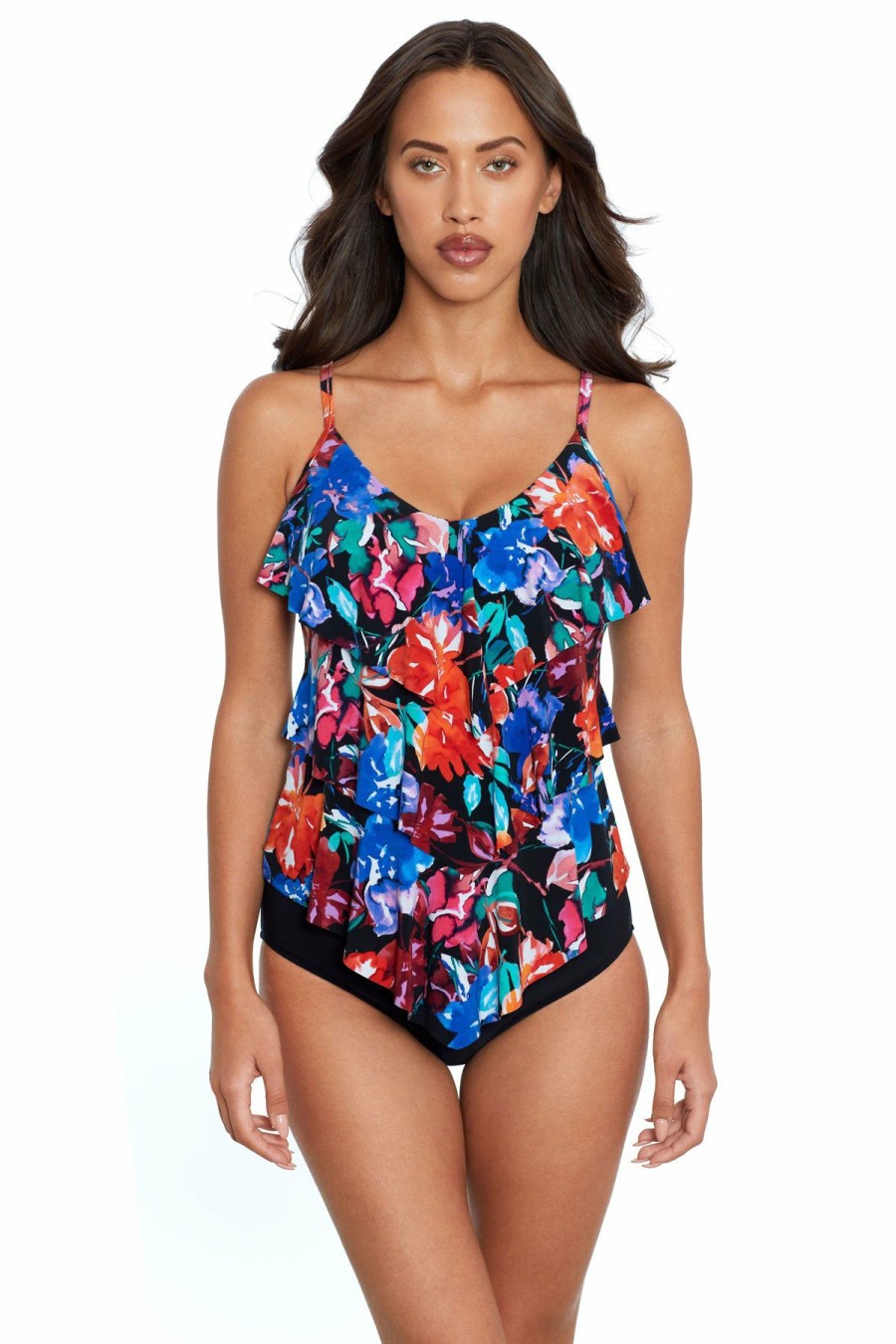 Women * | Store Magicsuit: Flower Child Rita Triple Tiered Tankini Top Black Multi