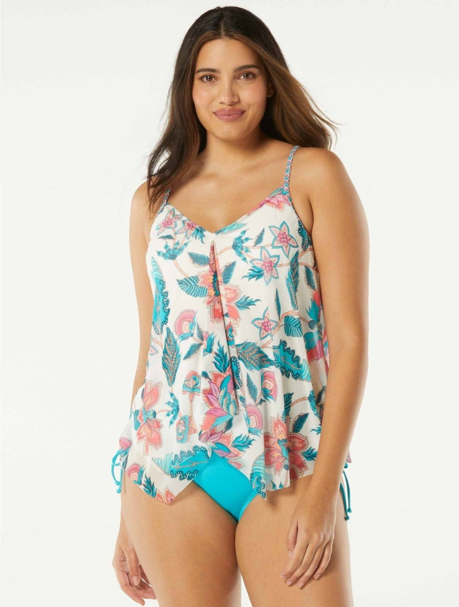 Women * | Special Offers Beach House: Vineyard Floral Kerry Mesh Layer Tankini Top White