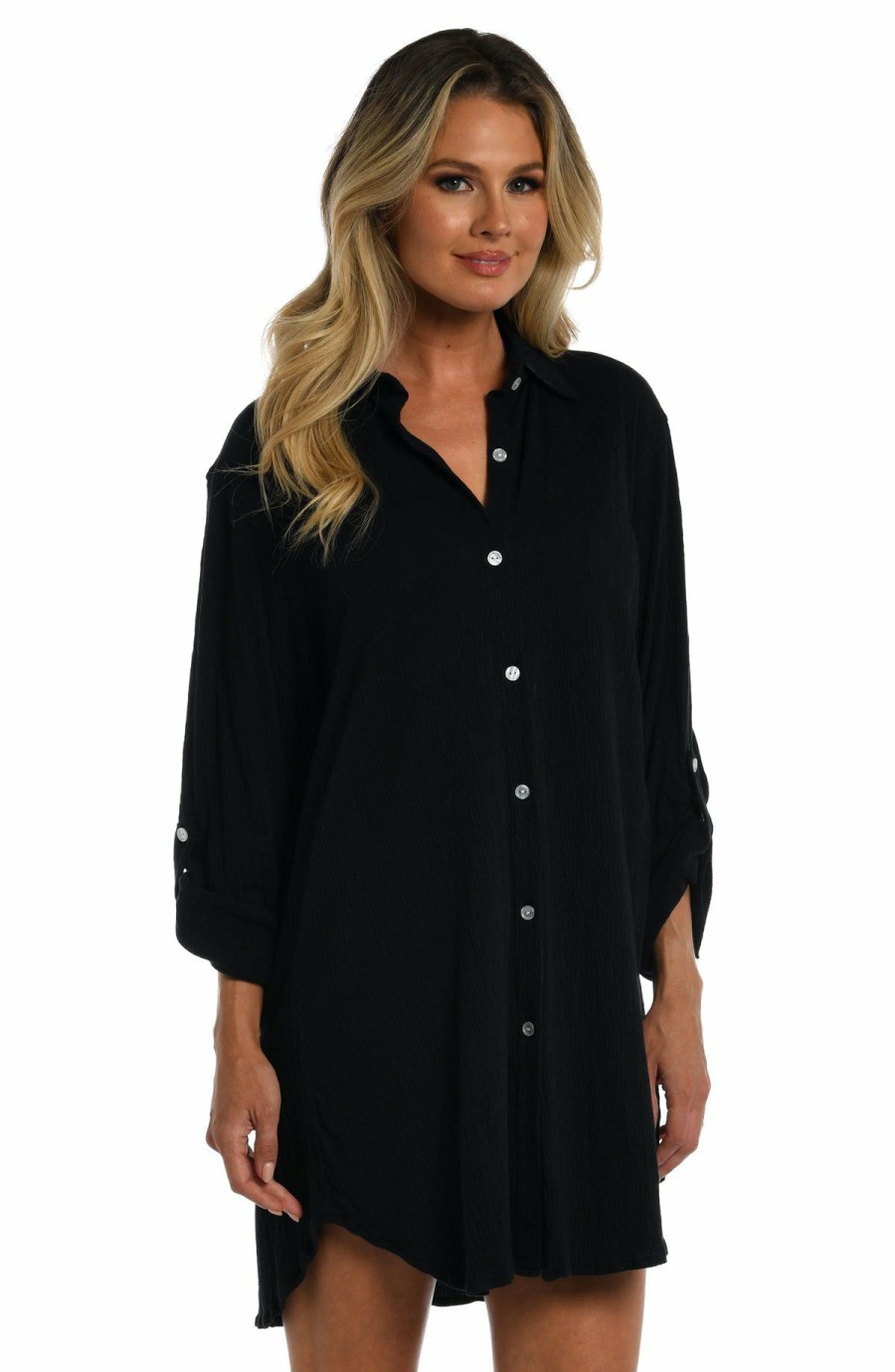 Clothing * | New Maxine: Solid Button Down Resot Shirt Cover Up Black