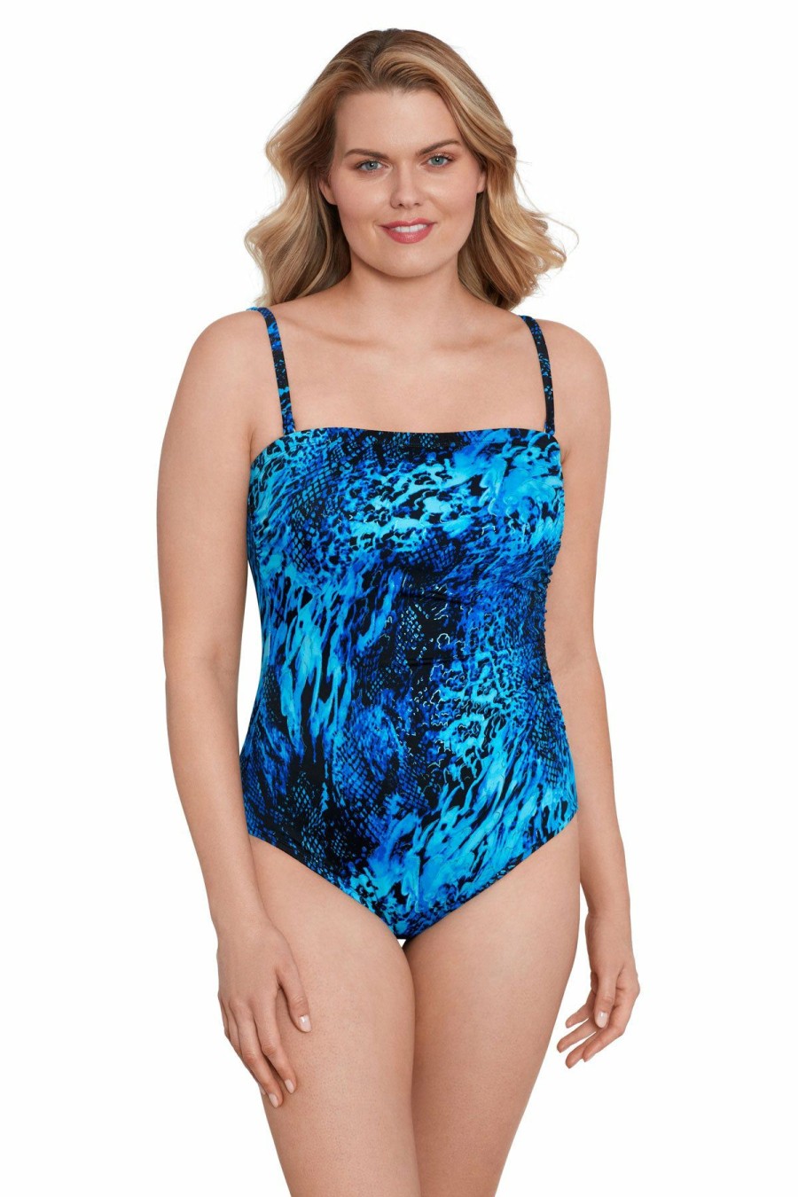 Women * | Low Price Longitude: One Piece Natural Riches Side Shirred Bandeau Swimsuit Blue