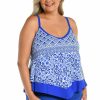 Women * | Bargain Sale Maxine: Plus Grecian Tile Flutter Tankini Top Cobalt